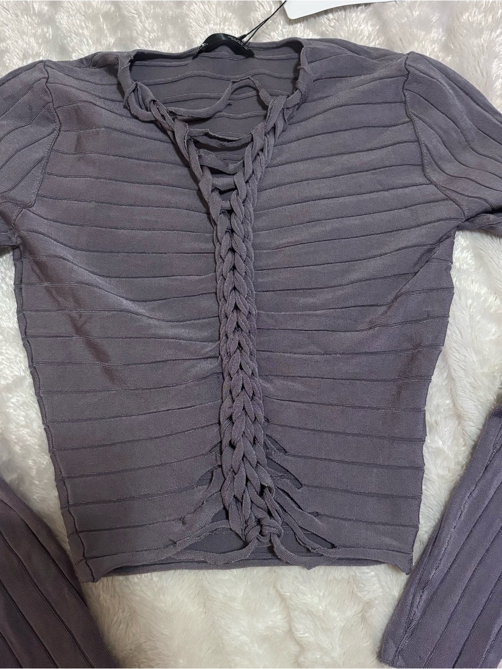 Braided Front Ribbed Crop Top - Slate Gray